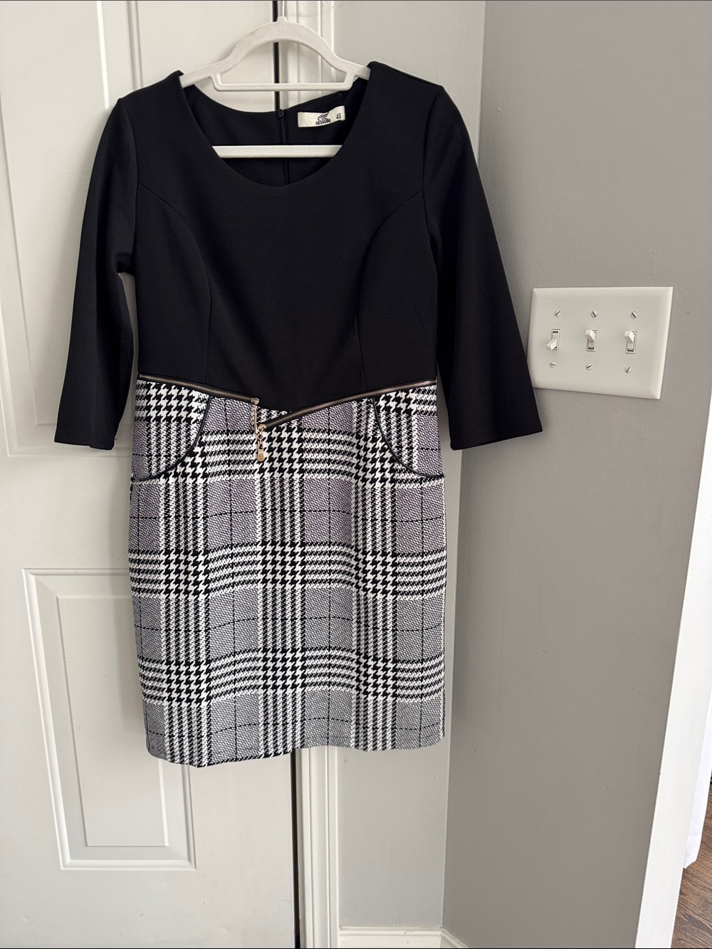 Plaid Gray Pencil Skirt Dress with Black Top